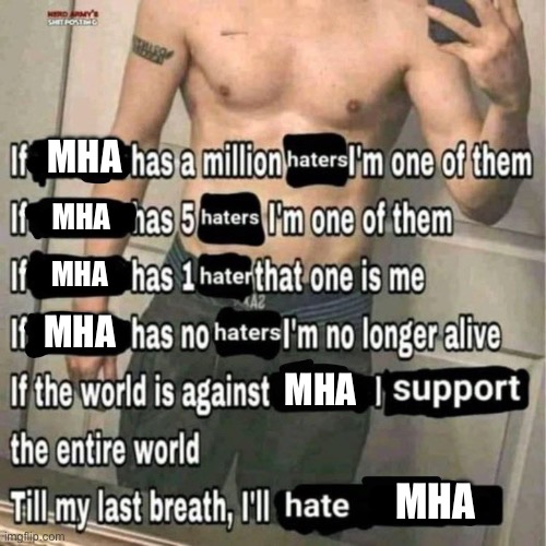 if x has a million haters i'm one of them | MHA; MHA; MHA; MHA; MHA; MHA | image tagged in if x has a million haters i'm one of them | made w/ Imgflip meme maker