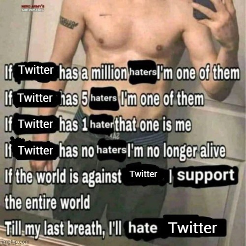 If X has a million haters | Twitter; Twitter; Twitter; Twitter; Twitter; Twitter | image tagged in if x has a million haters | made w/ Imgflip meme maker