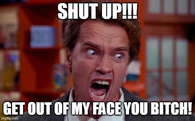 Arnold Schwarzenegger tumor | SHUT UP!!! GET OUT OF MY FACE YOU BITCH! | image tagged in arnold schwarzenegger tumor,arnold schwarzenegger | made w/ Imgflip meme maker