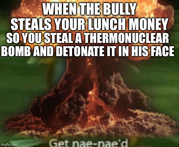 Get nae-na-(nuclear explosion) | WHEN THE BULLY STEALS YOUR LUNCH MONEY; SO YOU STEAL A THERMONUCLEAR BOMB AND DETONATE IT IN HIS FACE | image tagged in get nae-nae'd,nuke | made w/ Imgflip meme maker