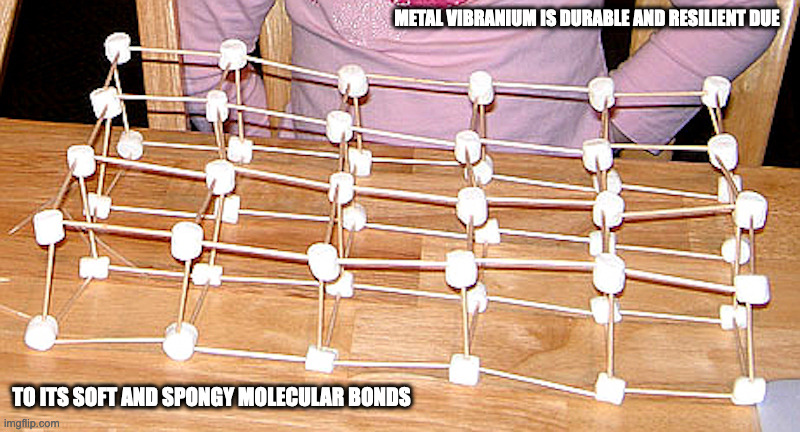 Toothpicks and Marshmallows | METAL VIBRANIUM IS DURABLE AND RESILIENT DUE; TO ITS SOFT AND SPONGY MOLECULAR BONDS | image tagged in marshmallow,toothpick,memes | made w/ Imgflip meme maker