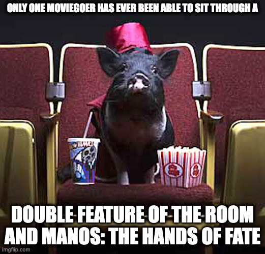 Pig in a Theater Seat | ONLY ONE MOVIEGOER HAS EVER BEEN ABLE TO SIT THROUGH A; DOUBLE FEATURE OF THE ROOM AND MANOS: THE HANDS OF FATE | image tagged in pig,theater,memes | made w/ Imgflip meme maker