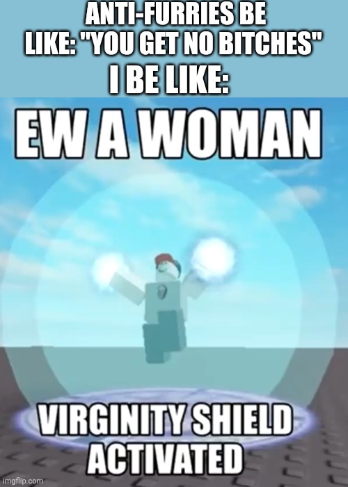 Ew a woman virginity shield activated | ANTI-FURRIES BE LIKE: "YOU GET NO BITCHES"; I BE LIKE: | image tagged in ew a woman virginity shield activated | made w/ Imgflip meme maker