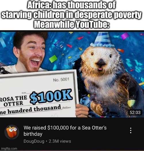 Africa: has thousands of starving children in desperate poverty
Meanwhile YouTube: | image tagged in memes,funny | made w/ Imgflip meme maker