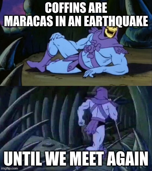 Skeletor disturbing facts | COFFINS ARE MARACAS IN AN EARTHQUAKE; UNTIL WE MEET AGAIN | image tagged in skeletor disturbing facts | made w/ Imgflip meme maker