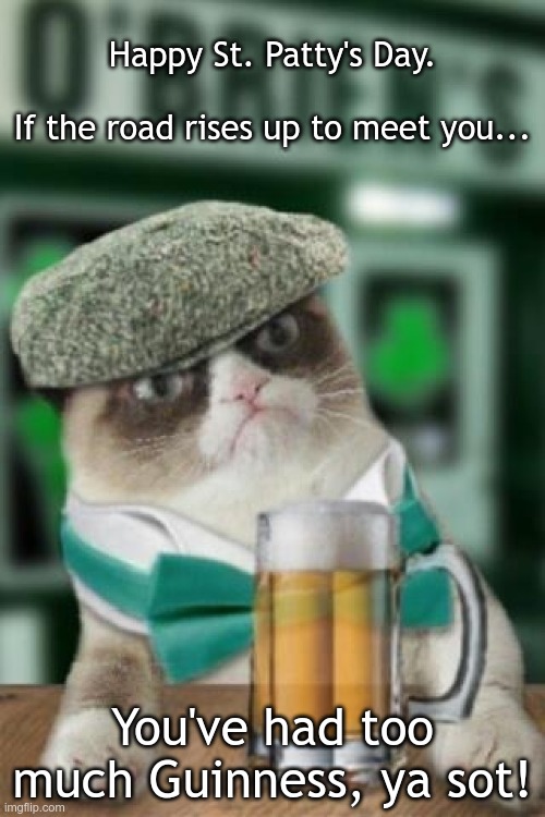 If the road rises up to meet you | Happy St. Patty's Day.
 
If the road rises up to meet you... You've had too much Guinness, ya sot! | image tagged in irish grump cat | made w/ Imgflip meme maker