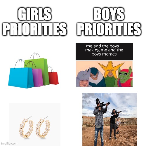 What seperates between boys and girls |  BOYS PRIORITIES; GIRLS PRIORITIES | image tagged in memes,blank transparent square | made w/ Imgflip meme maker