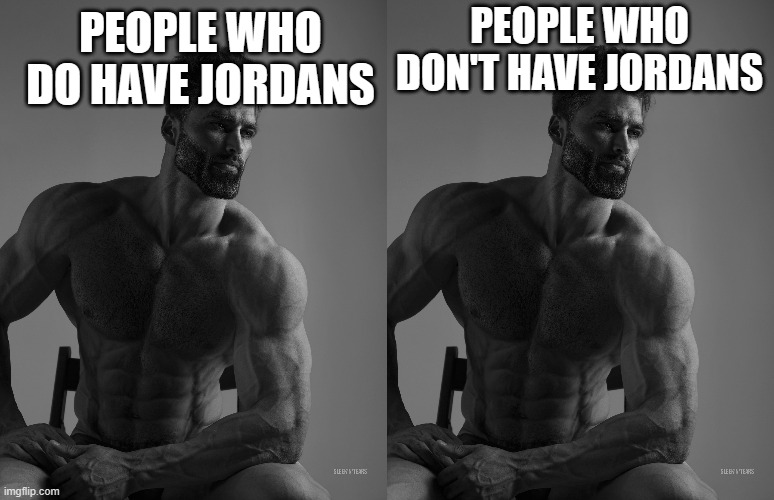 PEOPLE WHO DO HAVE JORDANS; PEOPLE WHO DON'T HAVE JORDANS | image tagged in giga chad | made w/ Imgflip meme maker