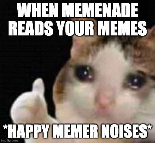 When Memenade approves | WHEN MEMENADE READS YOUR MEMES; *HAPPY MEMER NOISES* | image tagged in approved crying cat | made w/ Imgflip meme maker