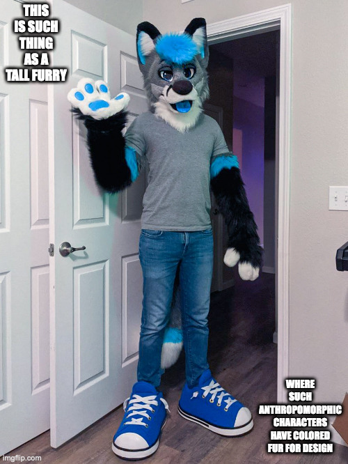 Tall Furry (Costume by @maxxthefoxx on Twitter) |  THIS IS SUCH THING AS A TALL FURRY; WHERE SUCH ANTHROPOMORPHIC CHARACTERS HAVE COLORED FUR FOR DESIGN | image tagged in furry,memes | made w/ Imgflip meme maker