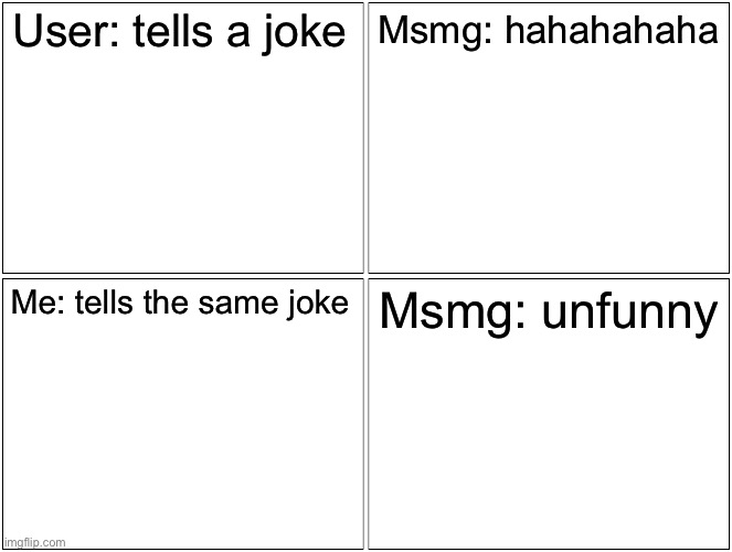 Blank Comic Panel 2x2 Meme | User: tells a joke; Msmg: hahahahaha; Me: tells the same joke; Msmg: unfunny | image tagged in memes,blank comic panel 2x2 | made w/ Imgflip meme maker
