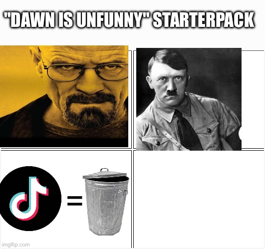 Blank Comic Panel 2x2 | "DAWN IS UNFUNNY" STARTERPACK; = | image tagged in memes,blank comic panel 2x2 | made w/ Imgflip meme maker