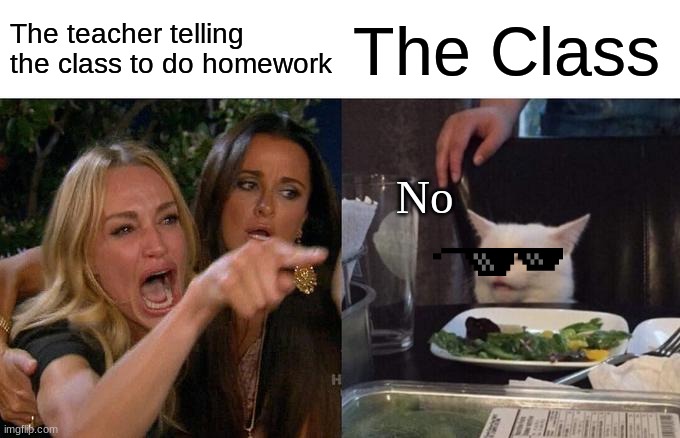 The Teacher Vs. The Kids | The teacher telling the class to do homework; The Class; No | image tagged in memes,woman yelling at cat,funny | made w/ Imgflip meme maker