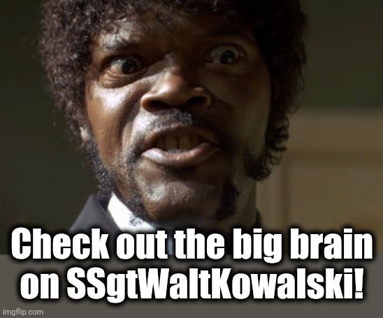 Crazy-Eyed Sam Jackson | Check out the big brain
on SSgtWaltKowalski! | image tagged in crazy-eyed sam jackson | made w/ Imgflip meme maker