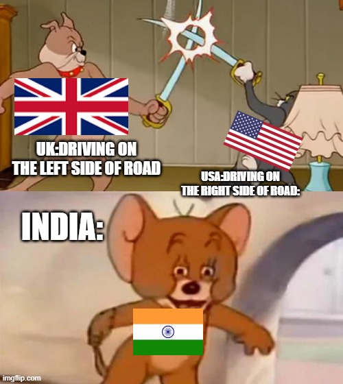 usa vs uk vs india (road side edition) (if anyone didnt understand india drives on any side of road) | UK:DRIVING ON THE LEFT SIDE OF ROAD; USA:DRIVING ON THE RIGHT SIDE OF ROAD:; INDIA: | image tagged in tom and jerry cat dog fight,india,usa,uk,road side | made w/ Imgflip meme maker