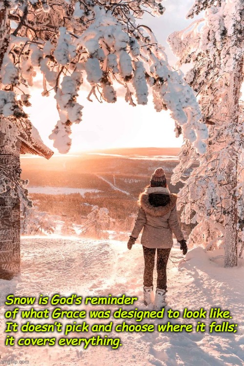 Snow is God’s reminder
of what Grace was designed to look like.
It doesn’t pick and choose where it falls;
it covers everything. | image tagged in grace | made w/ Imgflip meme maker