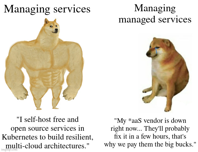 Managing managed services | Managing services; Managing
managed services; "I self-host free and open source services in Kubernetes to build resilient, multi-cloud architectures."; "My *aaS vendor is down right now... They'll probably fix it in a few hours, that's why we pay them the big bucks." | image tagged in memes,buff doge vs cheems | made w/ Imgflip meme maker