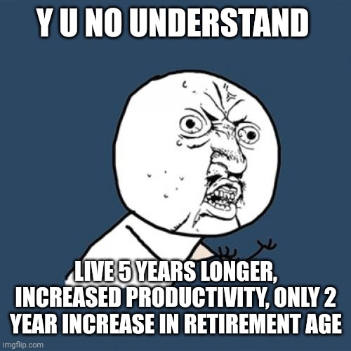 Y U No | Y U NO UNDERSTAND; LIVE 5 YEARS LONGER, INCREASED PRODUCTIVITY, ONLY 2 YEAR INCREASE IN RETIREMENT AGE | image tagged in memes,y u no | made w/ Imgflip meme maker