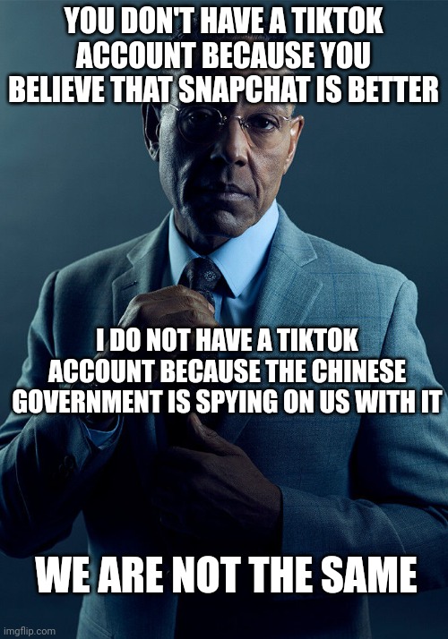 Now someone give those TikTok users some Tide pods | YOU DON'T HAVE A TIKTOK ACCOUNT BECAUSE YOU BELIEVE THAT SNAPCHAT IS BETTER; I DO NOT HAVE A TIKTOK ACCOUNT BECAUSE THE CHINESE GOVERNMENT IS SPYING ON US WITH IT; WE ARE NOT THE SAME | image tagged in gus fring we are not the same | made w/ Imgflip meme maker