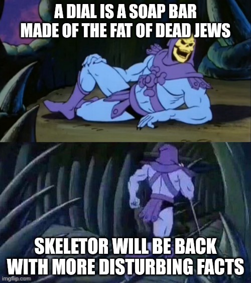 Skeletor disturbing facts | A DIAL IS A SOAP BAR MADE OF THE FAT OF DEAD JEWS; SKELETOR WILL BE BACK WITH MORE DISTURBING FACTS | image tagged in skeletor disturbing facts | made w/ Imgflip meme maker