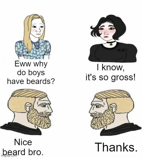 Boys vs Girls | I know, it's so gross! Eww why do boys have beards? Nice beard bro. Thanks. | image tagged in boys vs girls | made w/ Imgflip meme maker