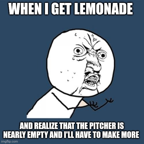 I hate having to make lemonade | WHEN I GET LEMONADE; AND REALIZE THAT THE PITCHER IS NEARLY EMPTY AND I'LL HAVE TO MAKE MORE | image tagged in memes,y u no | made w/ Imgflip meme maker
