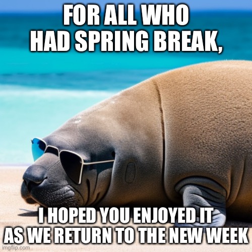 RIP 2023 spring break | FOR ALL WHO HAD SPRING BREAK, I HOPED YOU ENJOYED IT AS WE RETURN TO THE NEW WEEK | image tagged in manatee,spring break,vacation,sunglasses | made w/ Imgflip meme maker