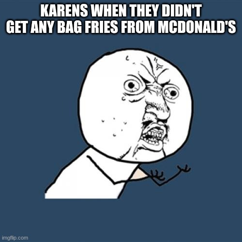 Karens Complain Over the Littlest Things | KARENS WHEN THEY DIDN'T GET ANY BAG FRIES FROM MCDONALD'S | image tagged in memes,y u no | made w/ Imgflip meme maker