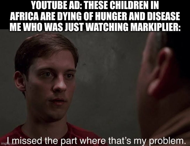 Ain't this relatable? | YOUTUBE AD: THESE CHILDREN IN AFRICA ARE DYING OF HUNGER AND DISEASE
ME WHO WAS JUST WATCHING MARKIPLIER: | image tagged in i missed the part,markiplier,youtube,youtube ads,relatable | made w/ Imgflip meme maker