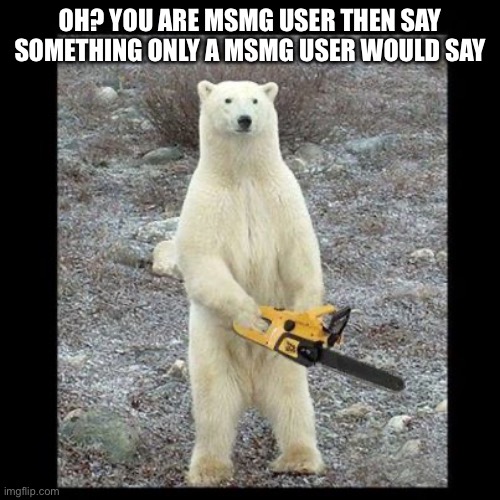 Are you a msmg user? | OH? YOU ARE MSMG USER THEN SAY SOMETHING ONLY A MSMG USER WOULD SAY | image tagged in memes,chainsaw bear | made w/ Imgflip meme maker