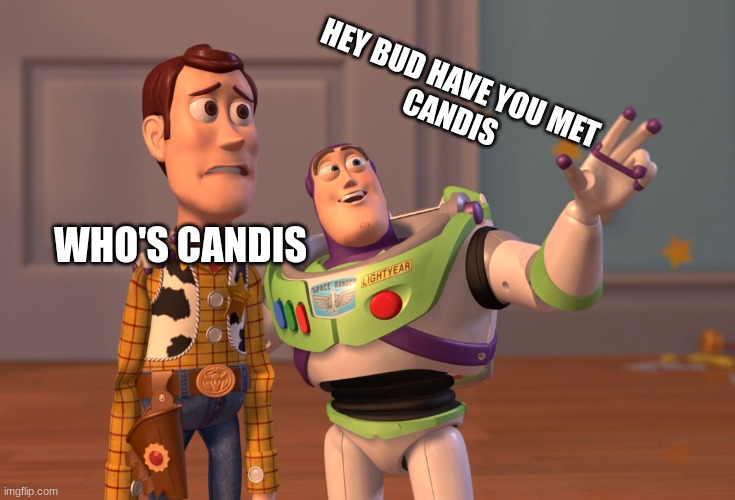 Candis... | HEY BUD HAVE YOU MET 
CANDIS; WHO'S CANDIS | image tagged in memes,x x everywhere | made w/ Imgflip meme maker