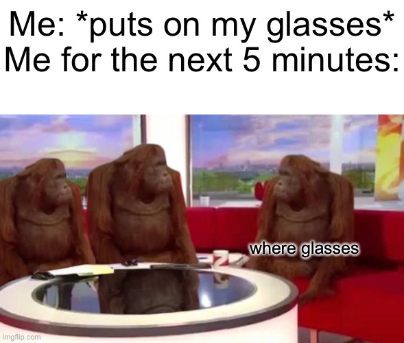I don’t actually wear glasses, but I’m sure some of you can relate | Me: *puts on my glasses*
Me for the next 5 minutes:; where glasses | image tagged in where monkey,relatable,memes,funny,annoying | made w/ Imgflip meme maker