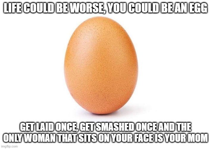 Eggsactly | LIFE COULD BE WORSE, YOU COULD BE AN EGG; GET LAID ONCE, GET SMASHED ONCE AND THE ONLY WOMAN THAT SITS ON YOUR FACE IS YOUR MOM | image tagged in eggbert | made w/ Imgflip meme maker