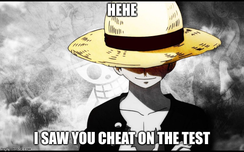 Luffy smiling | HEHE; I SAW YOU CHEAT ON THE TEST | image tagged in luffy smiling | made w/ Imgflip meme maker