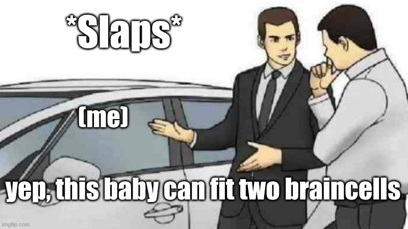 My brain be like: | *Slaps*; (me); yep, this baby can fit two braincells | image tagged in memes,car salesman slaps roof of car | made w/ Imgflip meme maker