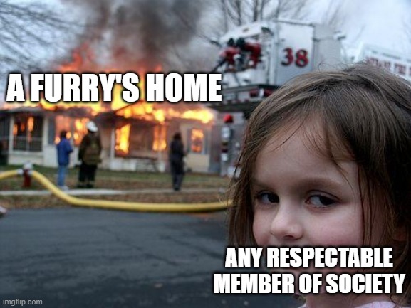 Arson to Furry | A FURRY'S HOME; ANY RESPECTABLE MEMBER OF SOCIETY | image tagged in memes,disaster girl | made w/ Imgflip meme maker
