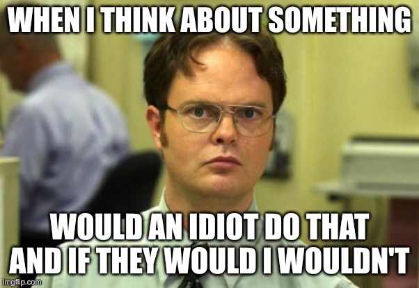 Dwight Schrute | WHEN I THINK ABOUT SOMETHING; WOULD AN IDIOT DO THAT AND IF THEY WOULD I WOULDN'T | image tagged in memes,dwight schrute | made w/ Imgflip meme maker