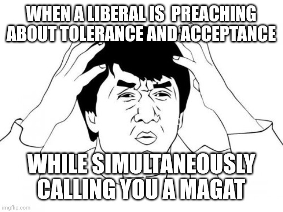 Jackie Chan WTF Meme | WHEN A LIBERAL IS  PREACHING ABOUT TOLERANCE AND ACCEPTANCE; WHILE SIMULTANEOUSLY CALLING YOU A MAGAT | image tagged in memes,jackie chan wtf | made w/ Imgflip meme maker