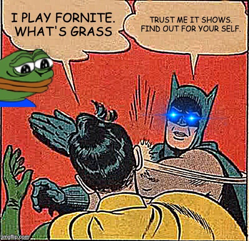 Batman Slapping Robin Meme | I PLAY FORNITE. WHAT'S GRASS; TRUST ME IT SHOWS. FIND OUT FOR YOUR SELF. | image tagged in memes,batman slapping robin | made w/ Imgflip meme maker