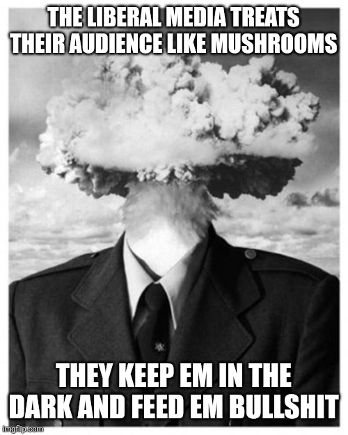 mindblown | THE LIBERAL MEDIA TREATS THEIR AUDIENCE LIKE MUSHROOMS; THEY KEEP EM IN THE DARK AND FEED EM BULLSHIT | image tagged in mindblown | made w/ Imgflip meme maker