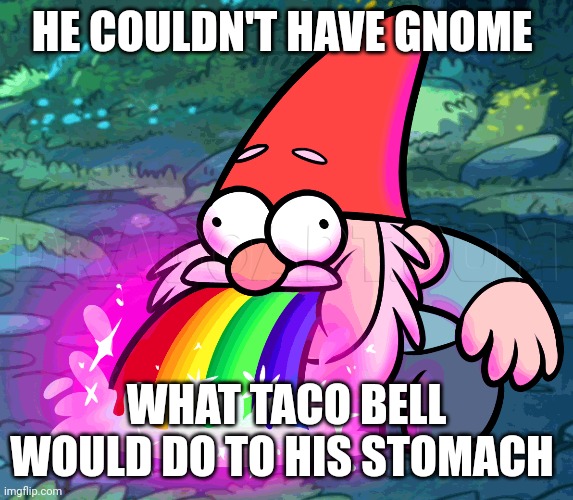 Gnome pun | HE COULDN'T HAVE GNOME; WHAT TACO BELL WOULD DO TO HIS STOMACH | image tagged in puns | made w/ Imgflip meme maker