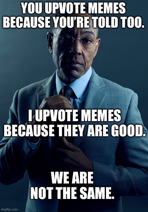 Upvoting Memes | YOU UPVOTE MEMES BECAUSE YOU’RE TOLD TOO. I UPVOTE MEMES BECAUSE THEY ARE GOOD. WE ARE NOT THE SAME. | image tagged in gus fring we are not the same,upvote,good memes,yup,breaking bad | made w/ Imgflip meme maker