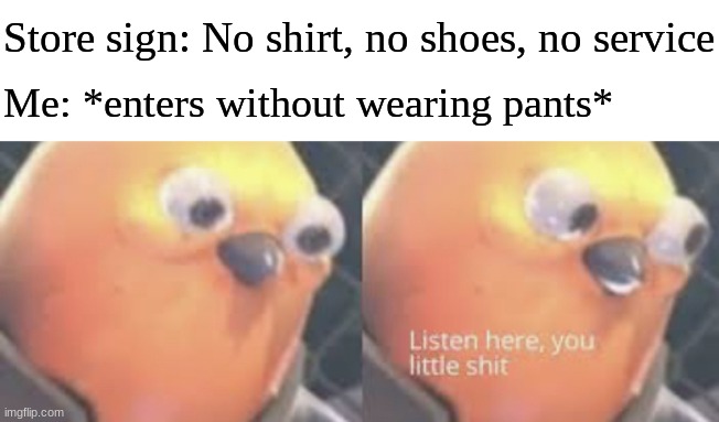 Listen here you little shit bird |  Store sign: No shirt, no shoes, no service; Me: *enters without wearing pants* | image tagged in listen here you little shit bird | made w/ Imgflip meme maker