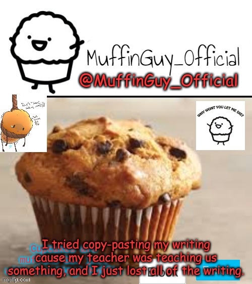 shit. | I tried copy-pasting my writing cause my teacher was teaching us something, and I just lost all of the writing. | image tagged in muffinguy_official's template | made w/ Imgflip meme maker