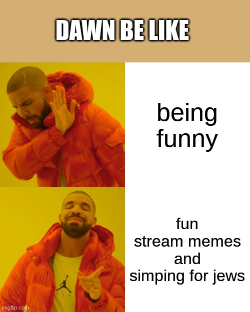 Drake Hotline Bling Meme | being funny fun stream memes and simping for jews DAWN BE LIKE | image tagged in memes,drake hotline bling | made w/ Imgflip meme maker