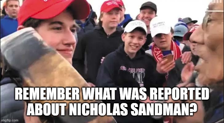 Nick Sandmann | REMEMBER WHAT WAS REPORTED ABOUT NICHOLAS SANDMAN? | image tagged in nick sandmann | made w/ Imgflip meme maker