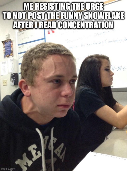 Veins forehead kid | ME RESISTING THE URGE TO NOT POST THE FUNNY SNOWFLAKE AFTER I READ CONCENTRATION | image tagged in veins forehead kid | made w/ Imgflip meme maker