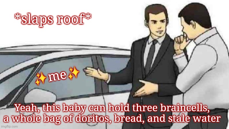Car Salesman Slaps Roof Of Car | *slaps roof*; ✨️me✨️; Yeah, this baby can hold three braincells, a whole bag of doritos, bread, and stale water | image tagged in memes,car salesman slaps roof of car | made w/ Imgflip meme maker