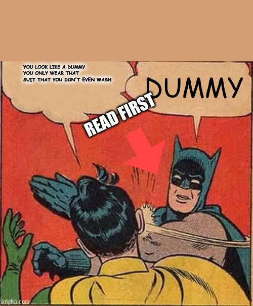 Batman Slapping Robin Meme | YOU LOOK LIKE A DUMMY YOU ONLY WEAR THAT SUIT THAT YOU DON'T EVEN WASH; DUMMY; READ FIRST | image tagged in memes,batman slapping robin | made w/ Imgflip meme maker