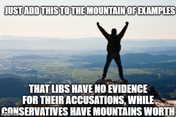 Shout It from the Mountain Tops | JUST ADD THIS TO THE MOUNTAIN OF EXAMPLES THAT LIBS HAVE NO EVIDENCE FOR THEIR ACCUSATIONS, WHILE CONSERVATIVES HAVE MOUNTAINS WORTH | image tagged in shout it from the mountain tops | made w/ Imgflip meme maker